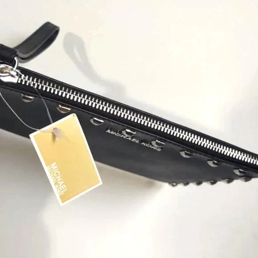 New Jet Set Travel Studded XL Leather Zip Clutch Wristlet Black Baddie Chic Glam